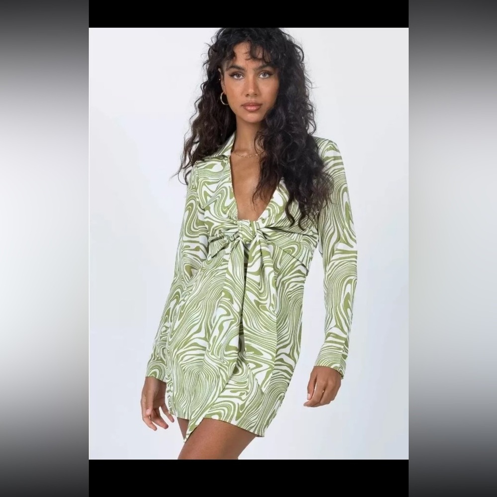 Princess Polly Retro Green White Boho Print Front Tie Long Sleeve Mini Dress